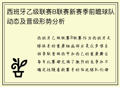 西班牙乙级联赛B联赛新赛季前瞻球队动态及晋级形势分析