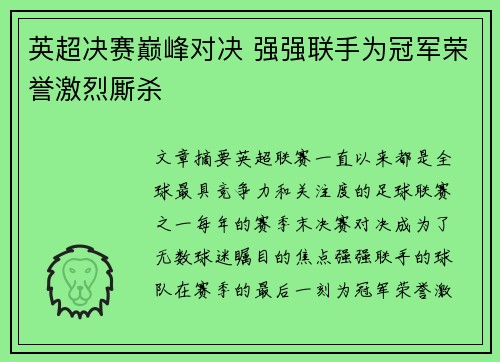 英超决赛巅峰对决 强强联手为冠军荣誉激烈厮杀