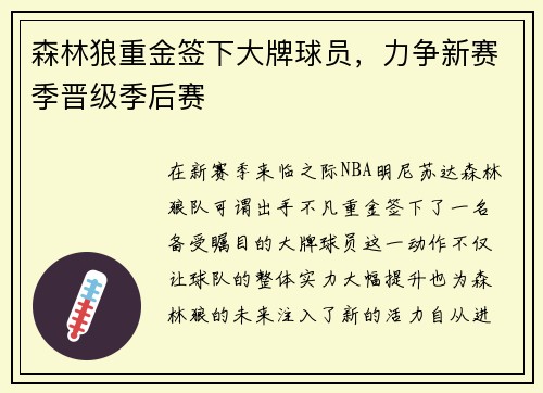 森林狼重金签下大牌球员，力争新赛季晋级季后赛