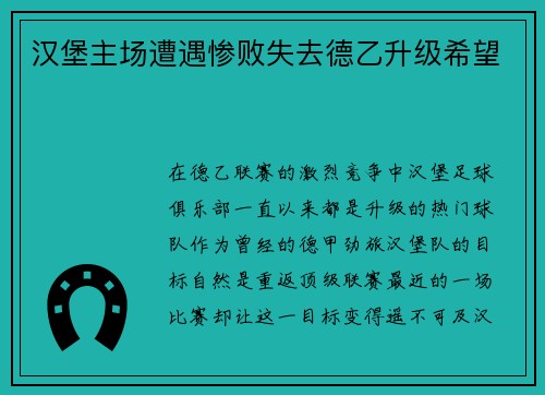 汉堡主场遭遇惨败失去德乙升级希望
